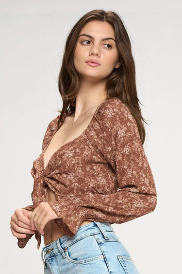 Tie Front Long Sleeve Crop Blouse